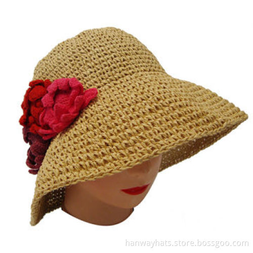 Ladies' Fashionable Straw Hat with Red Flower on Brim, Made of Paper Straw